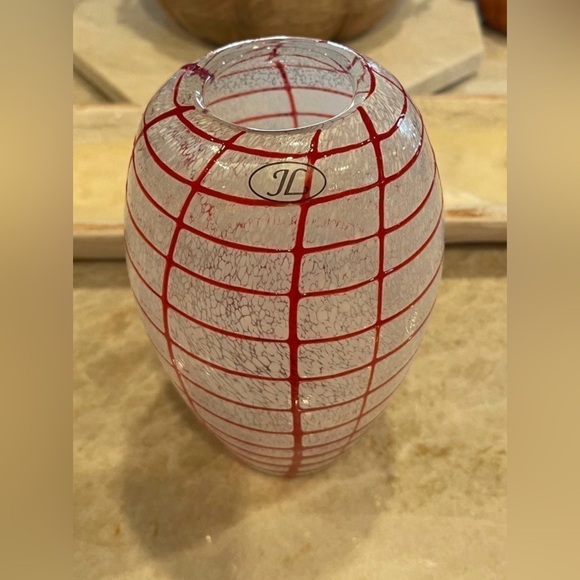 Jaakko Liikanen Scandinavian glass vase Red/white 8-1/2”